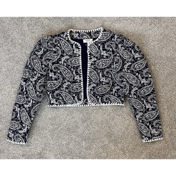 SEA New York Theodora Blue Paisley Quilted Cropped Jacket Size M Wool Blend - Picture 2 of 9